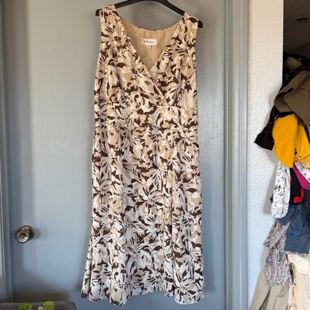 Brown Cream Floral Sleeveless Midi Dress Babydoll Y2K Fit and Flare Lined sz 18